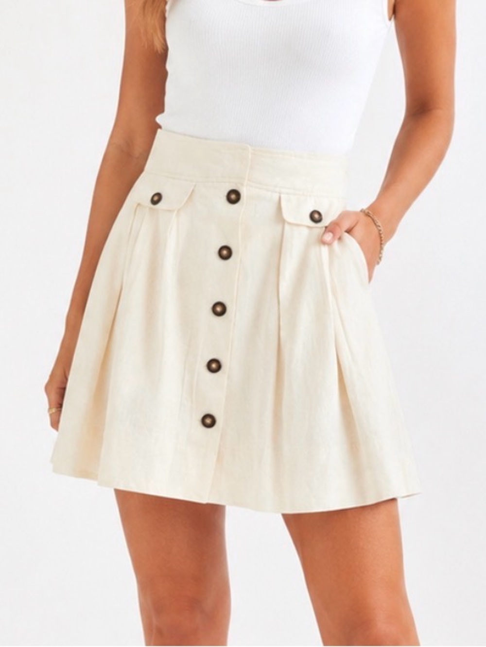 Jessica Petite 4P Linen Blend Button Front A-Line Skirt – Cream Ivory